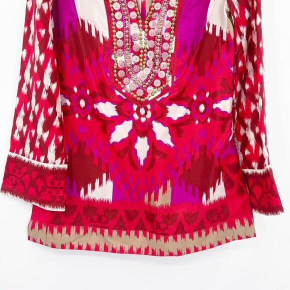 Tory Burch Iveta Embellished Ikat Silk Tunic Top Pink Red Resort Womens Size 2 - Picture 5 of 12